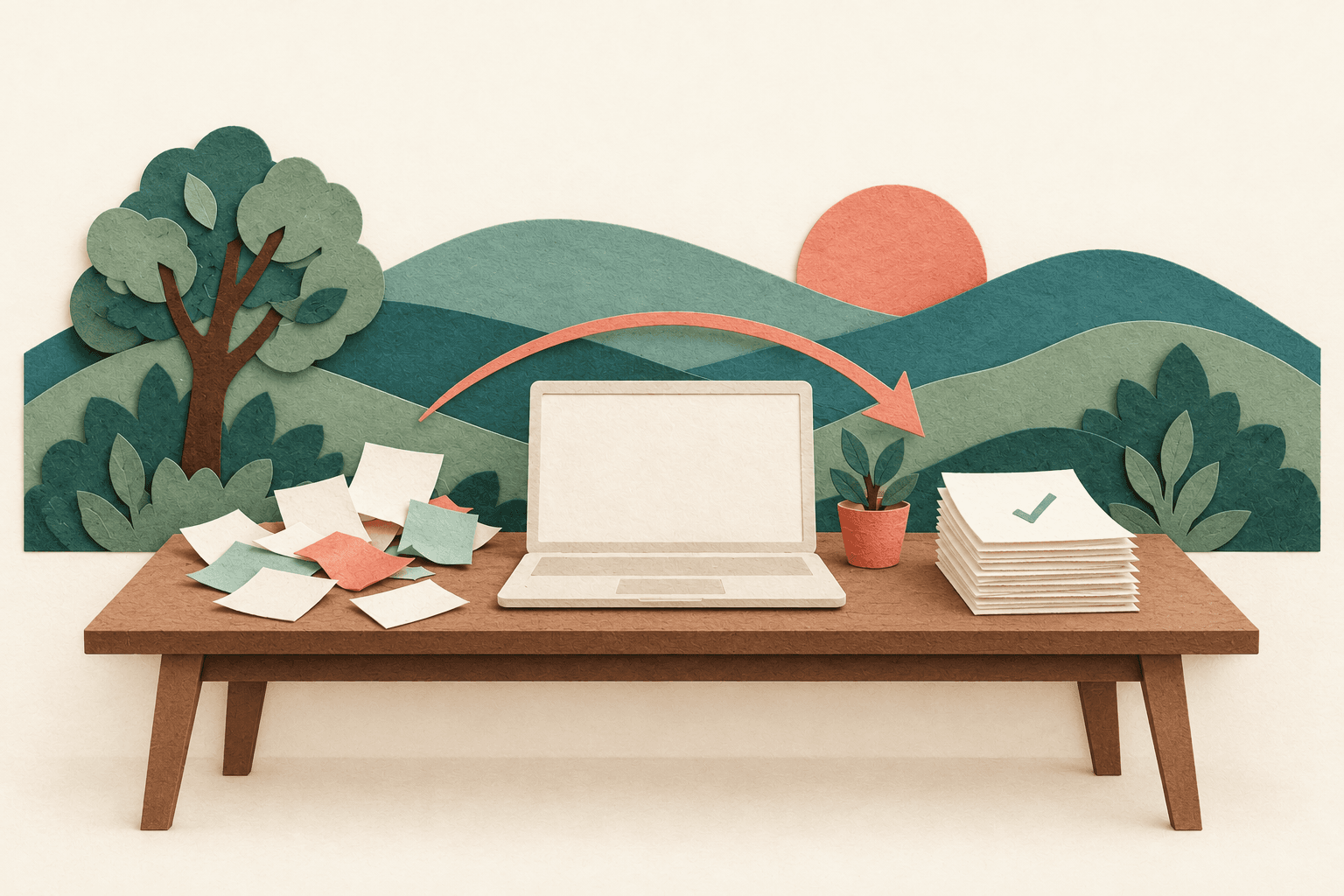 Paper-cut desk with a laptop, where an arrow carries scattered notes to a finished, checked stack of documents, in front of teal hills.